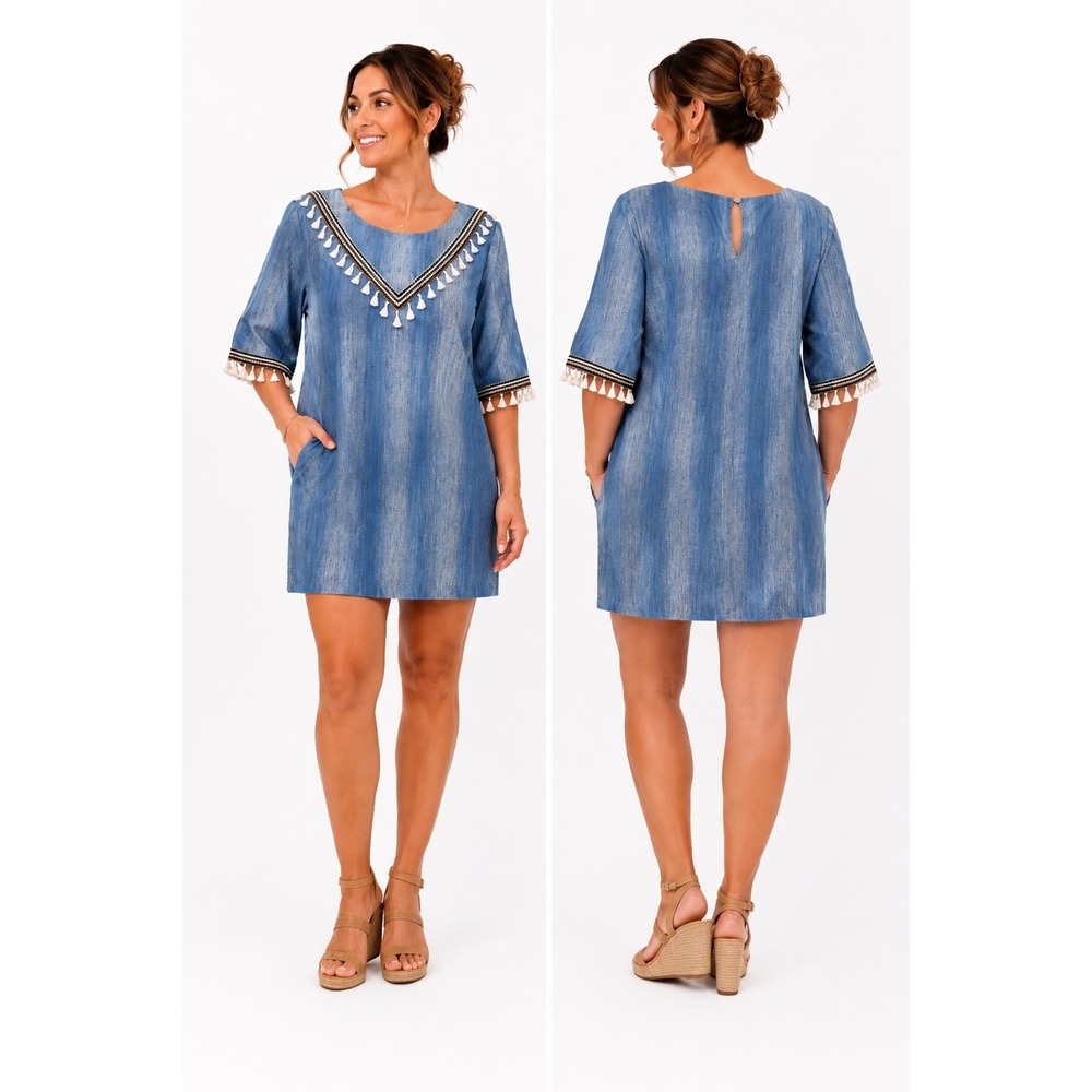 Hayden Los Angeles Shift Dress 1XL Blue Denim Tassel Boho Pocket Keyhole